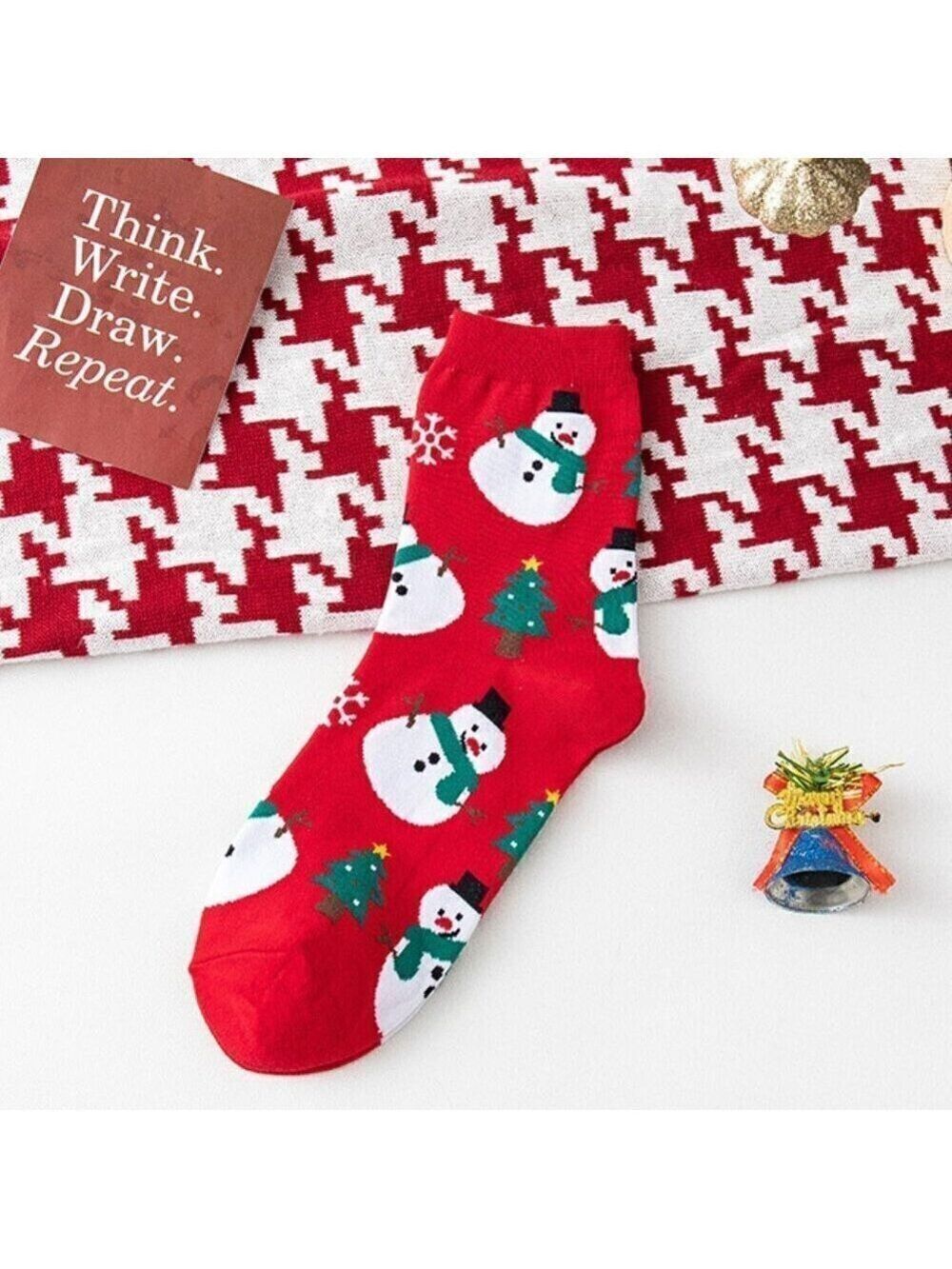 Christmas Snowman Themed Women's Nylon Cotton Jacquard Crew Socks, Red